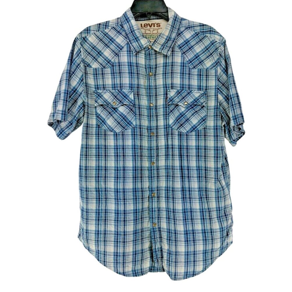 Levi's Pearl Snap Western Shirt Men's Size Large Blue White Plaid